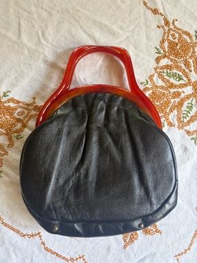 VINTAGE Black Leather Handbag with Reddish Brown Tone Acrylic Handle